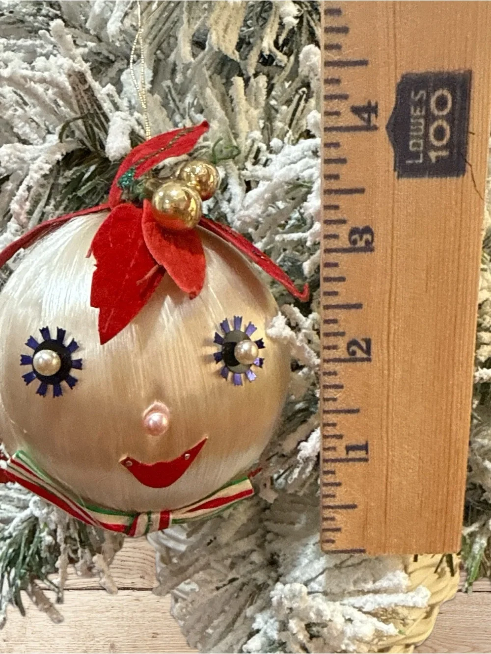 Vintage Satin Ball Face Christmas Ornament Pearl Sequin Retro Kitsch 4”